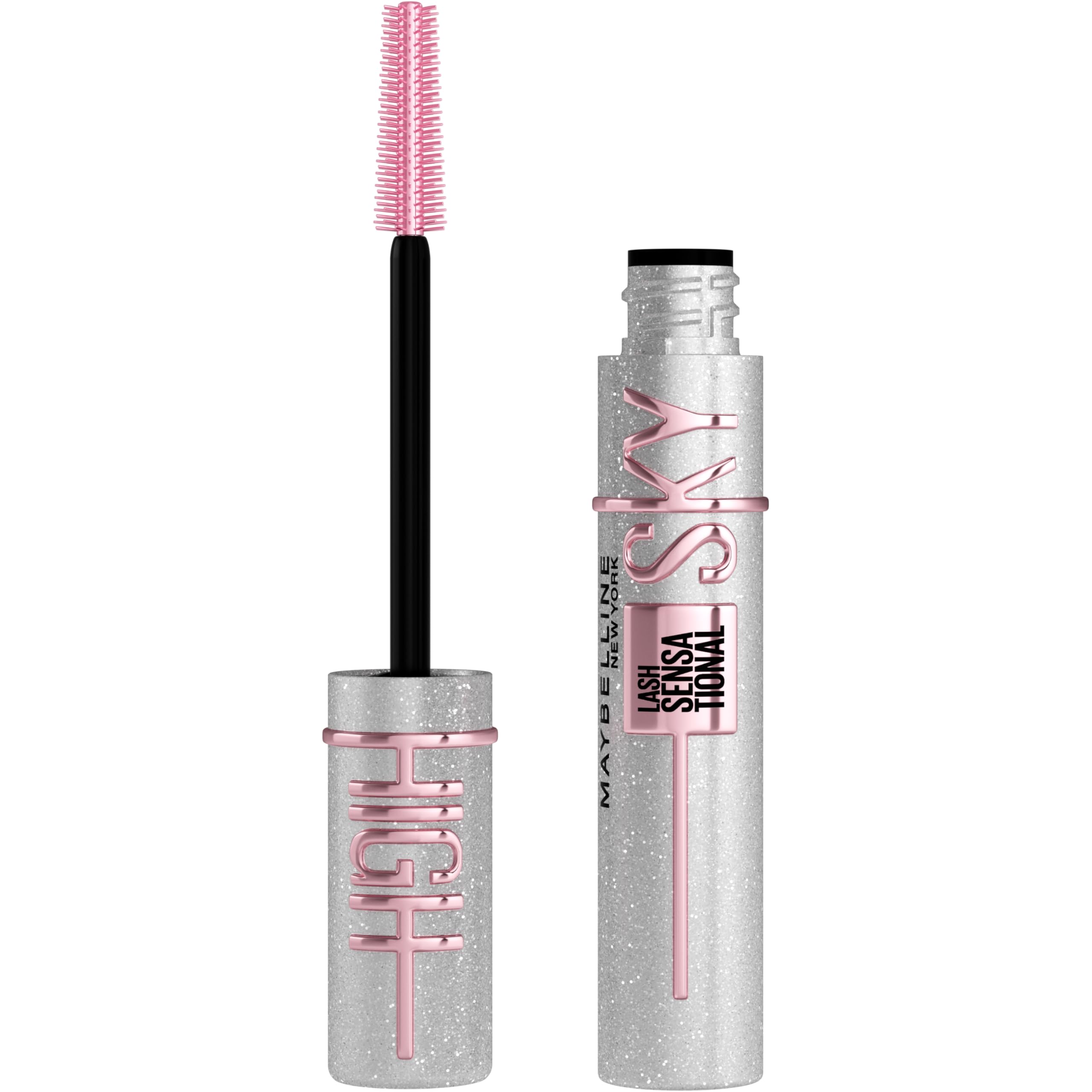 Maybelline Lash Sensational Sky High brush shows glitter wand for bold lashes.