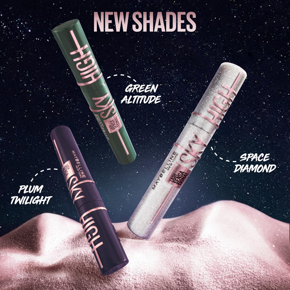 Maybelline Lash Sensational Sky High mascara full-lash-detail highlights dimensional lashes.
