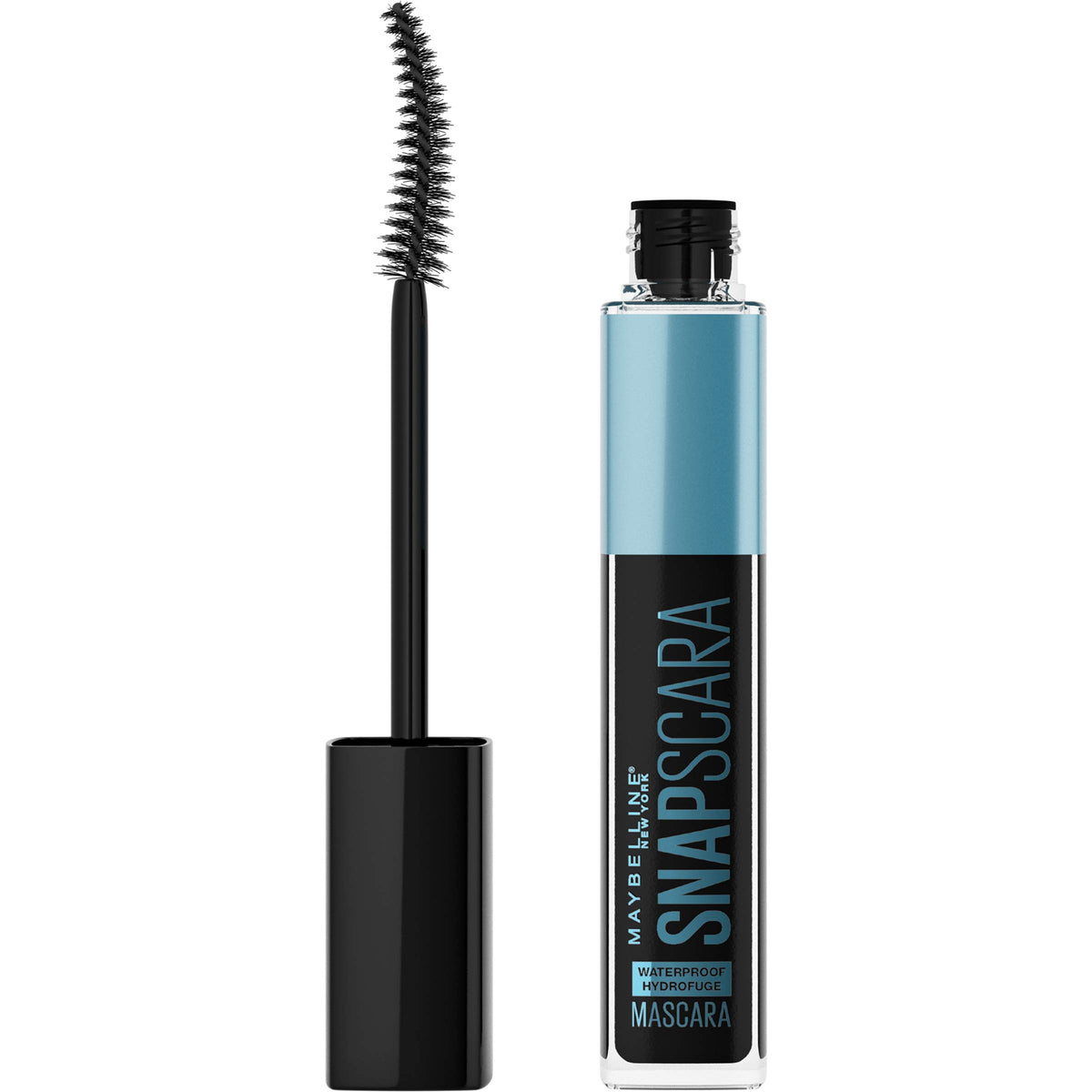 Maybelline Snapscara mascara brush closeup shows clump-free, smooth application for defined lashes.