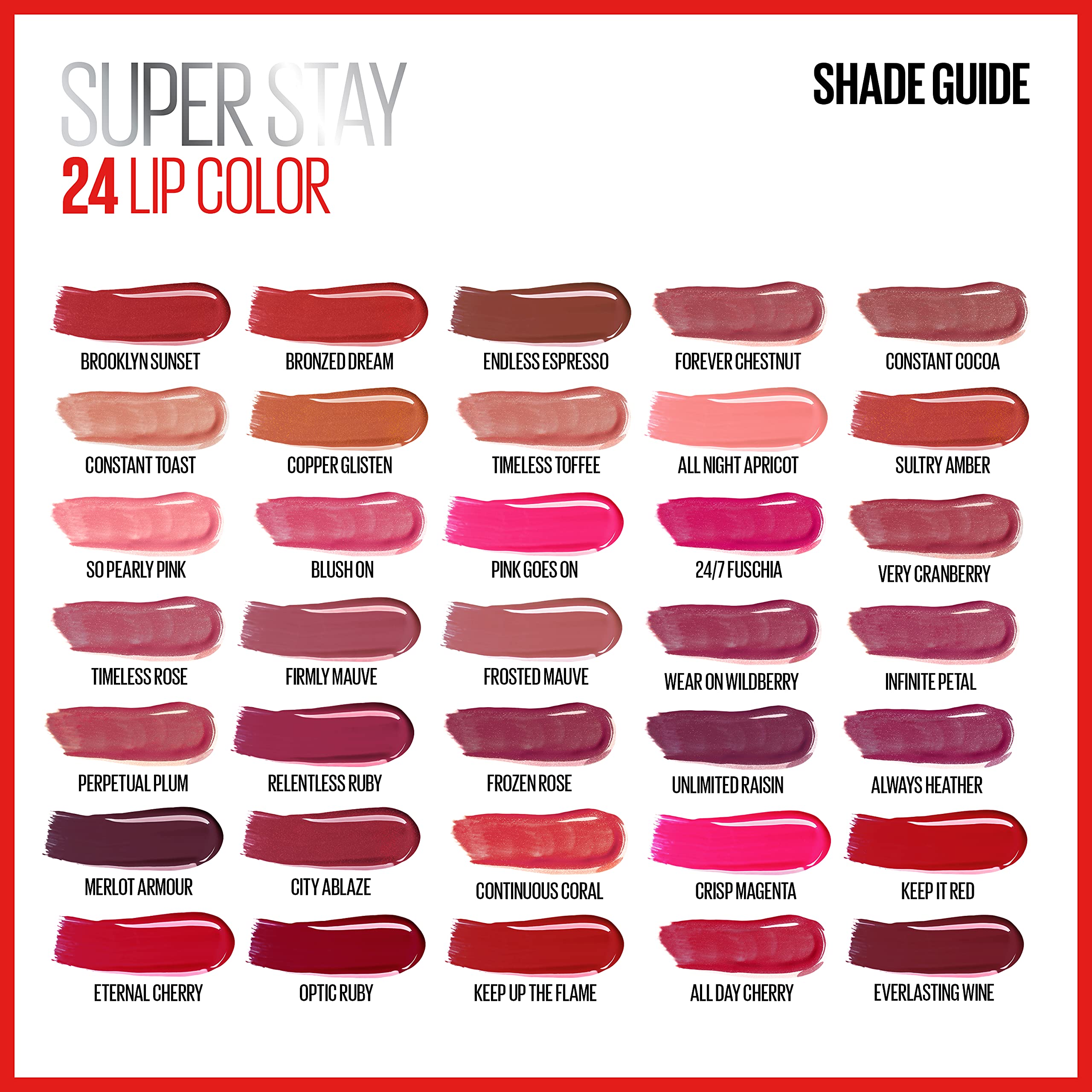 Maybelline Super Stay 24 color swatches reveal a rich shade range.