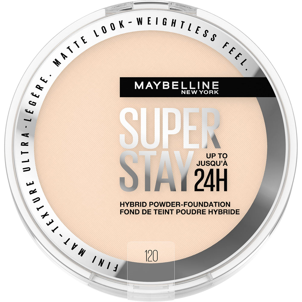 Maybelline Super Stay Hybrid Powder Foundation application swirl shows seamless blend for long-wear matte finish.
