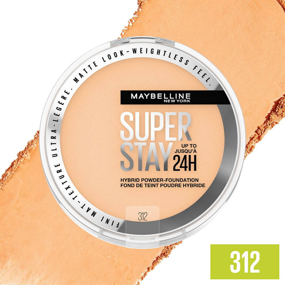 Maybelline Super Stay Hybrid Powder Foundation brush stroke demonstrates seamless blending and a patch-free finish.