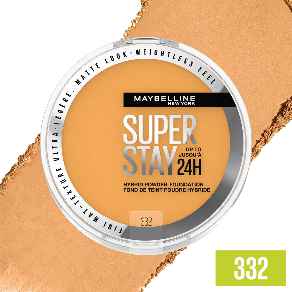 Maybelline Super Stay Hybrid Powder Foundation packaging emphasizes a 16-shade range