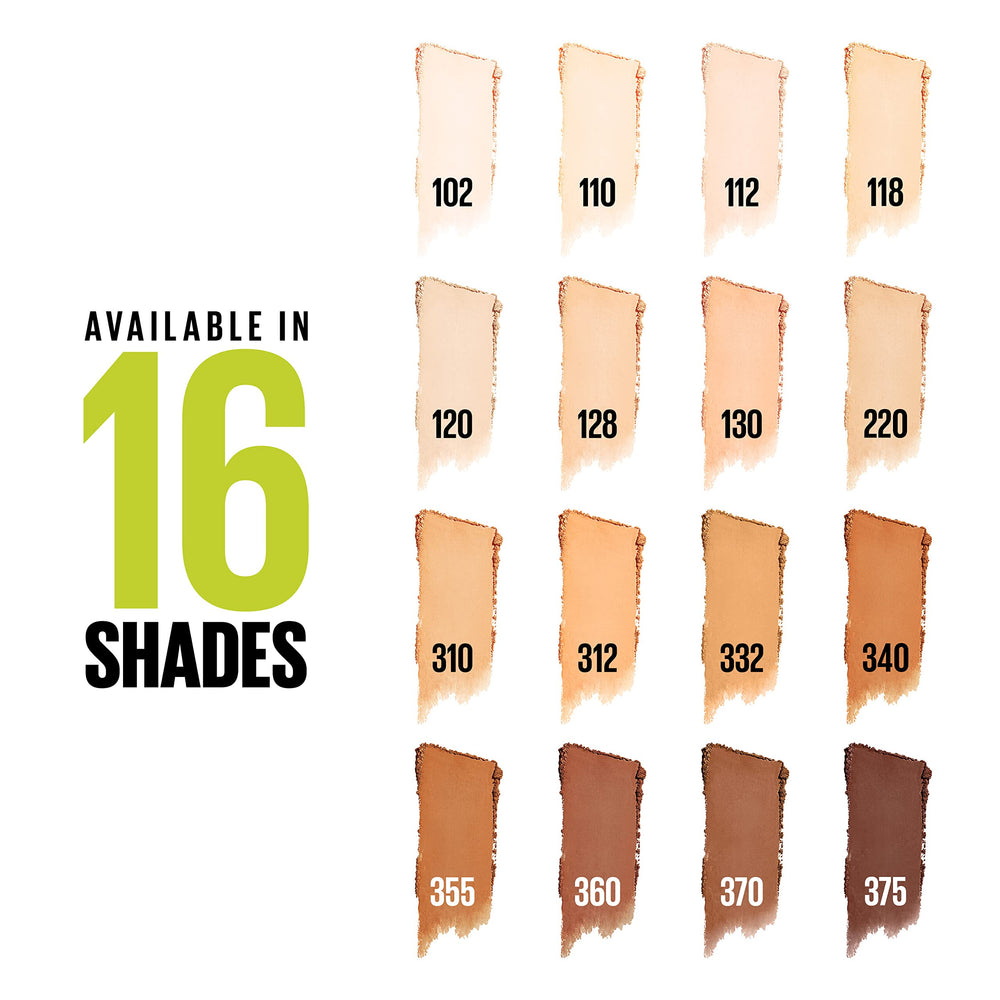 Maybelline Super Stay Hybrid Foundation shade range display emphasizes diverse undertones.