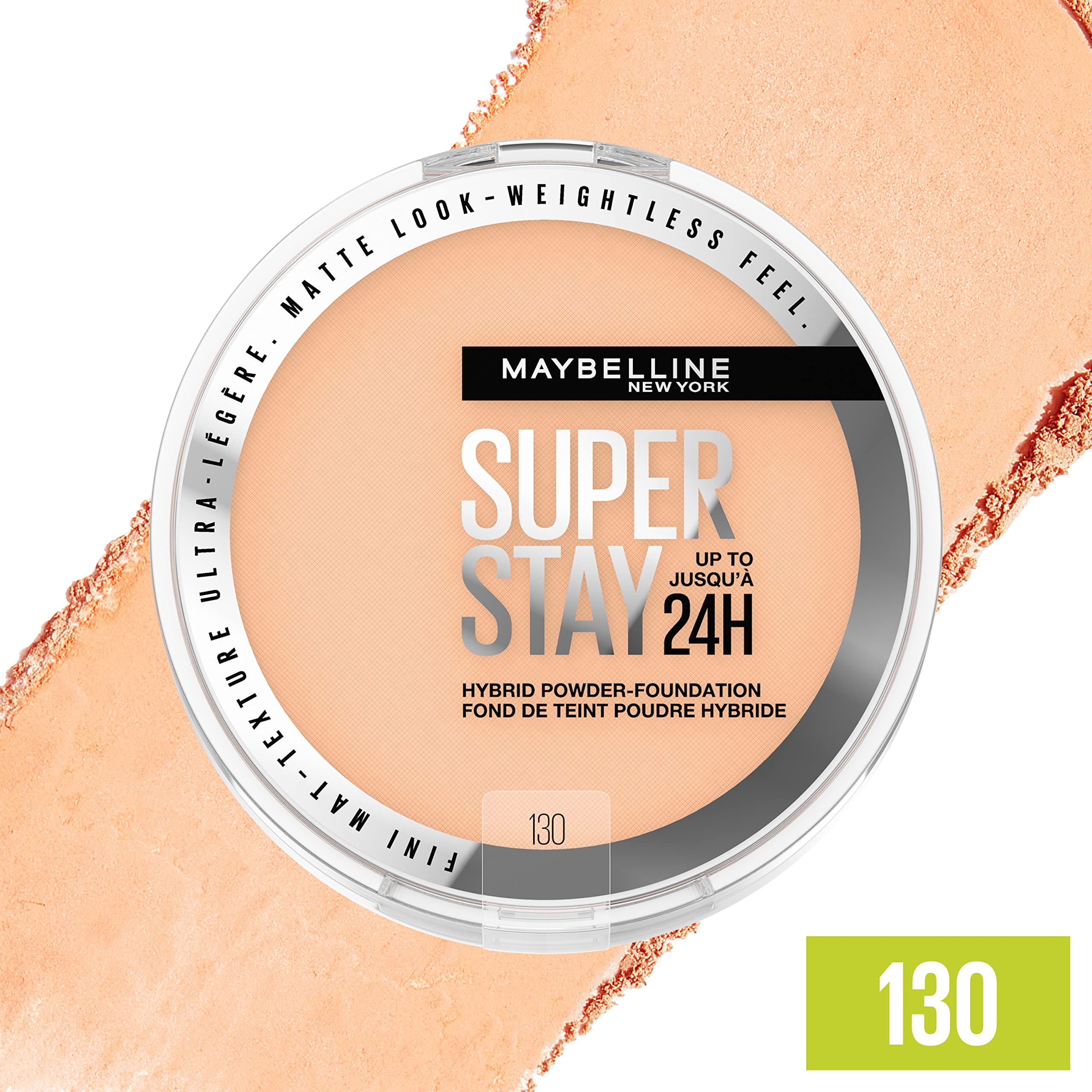 Maybelline Super Stay Hybrid Foundation shade range swatch highlights 16 shades.