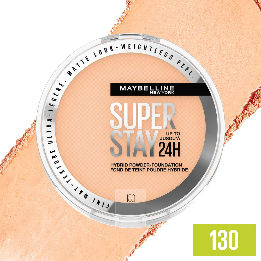 Maybelline Super Stay Hybrid Foundation shade range swatch highlights 16 shades.