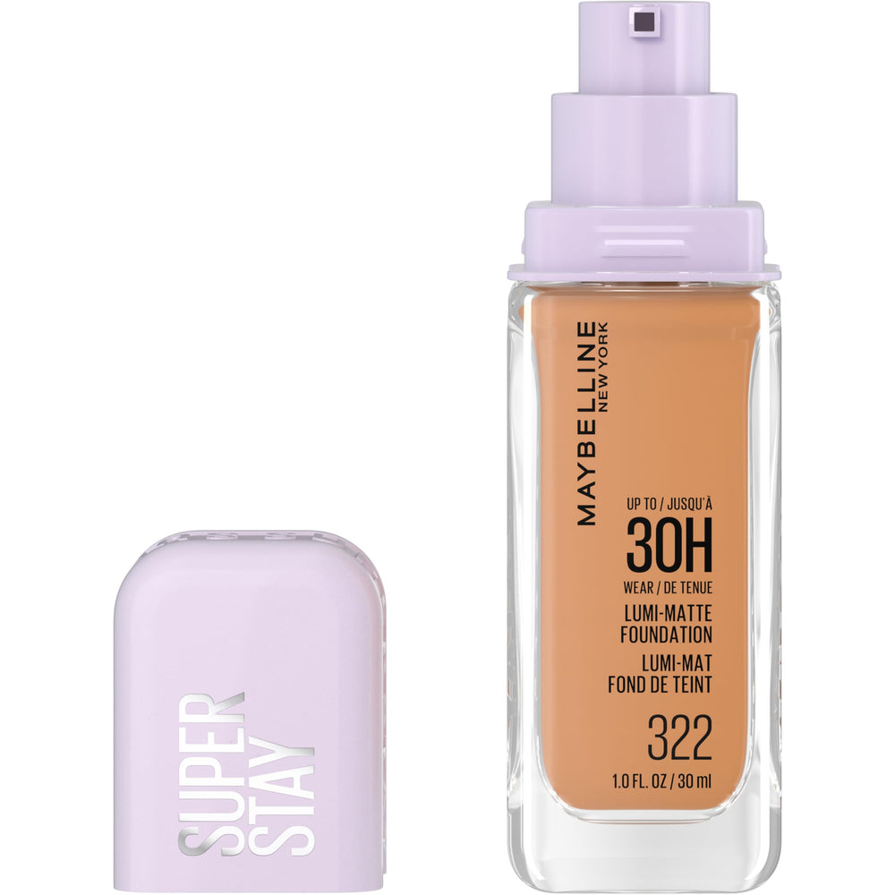 Maybelline Super Stay Lumi-Matte Foundation bottle close-up, suggesting all-day, lightweight coverage.