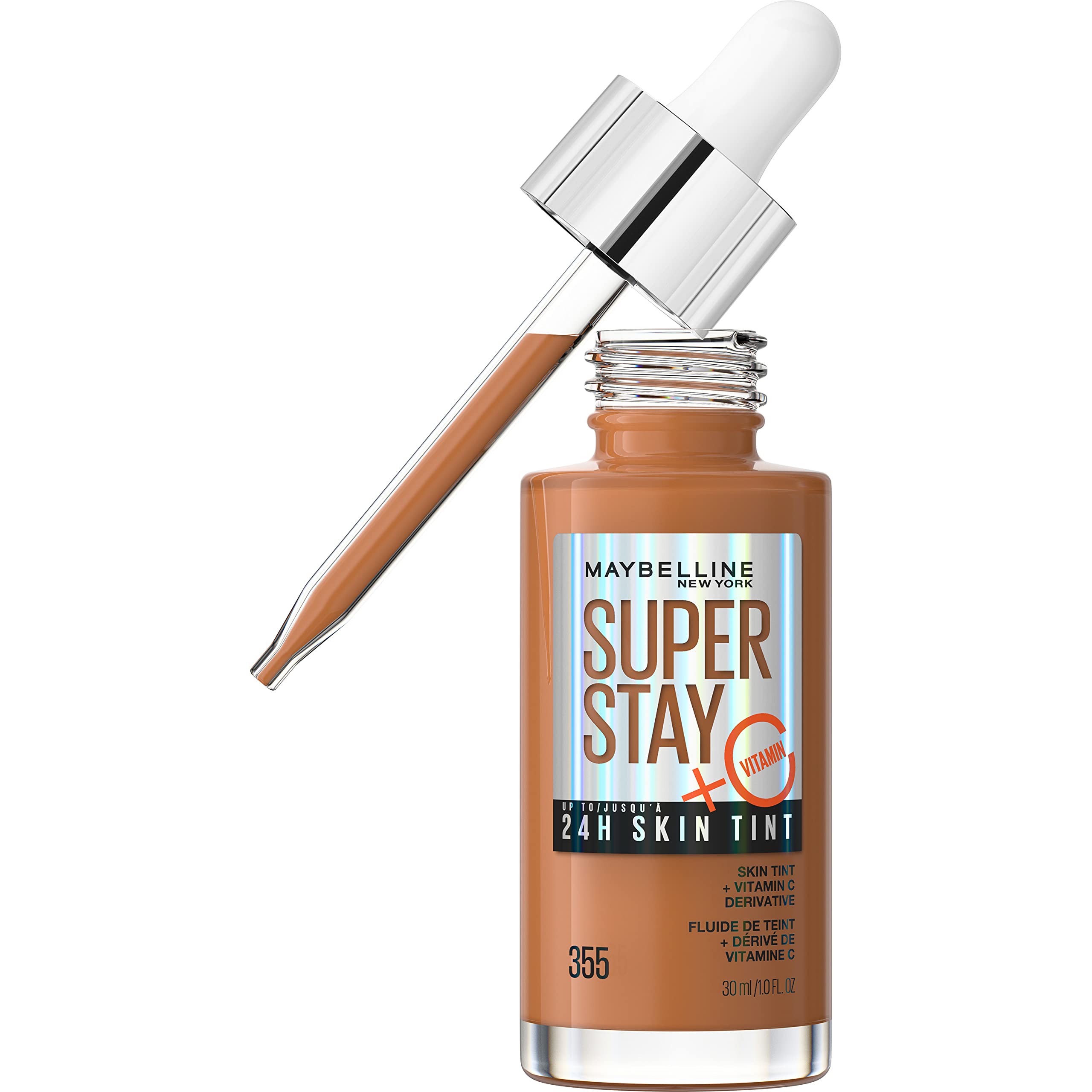 Maybelline Super Stay Skin Tint bottle closeup shows weightless, long-wear finish.