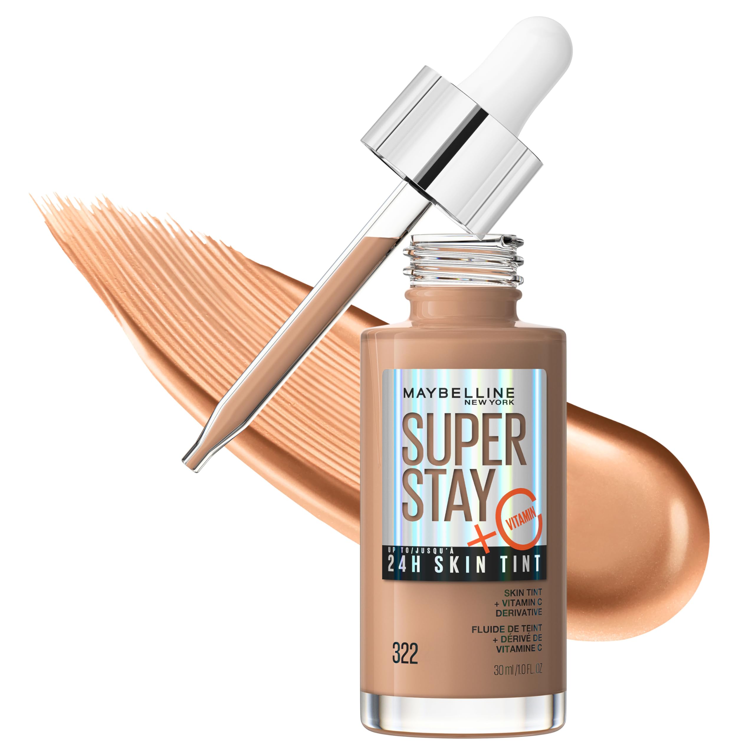 Maybelline Super Stay Skin Tint bottle displaying long-wear finish and Vitamin C benefits