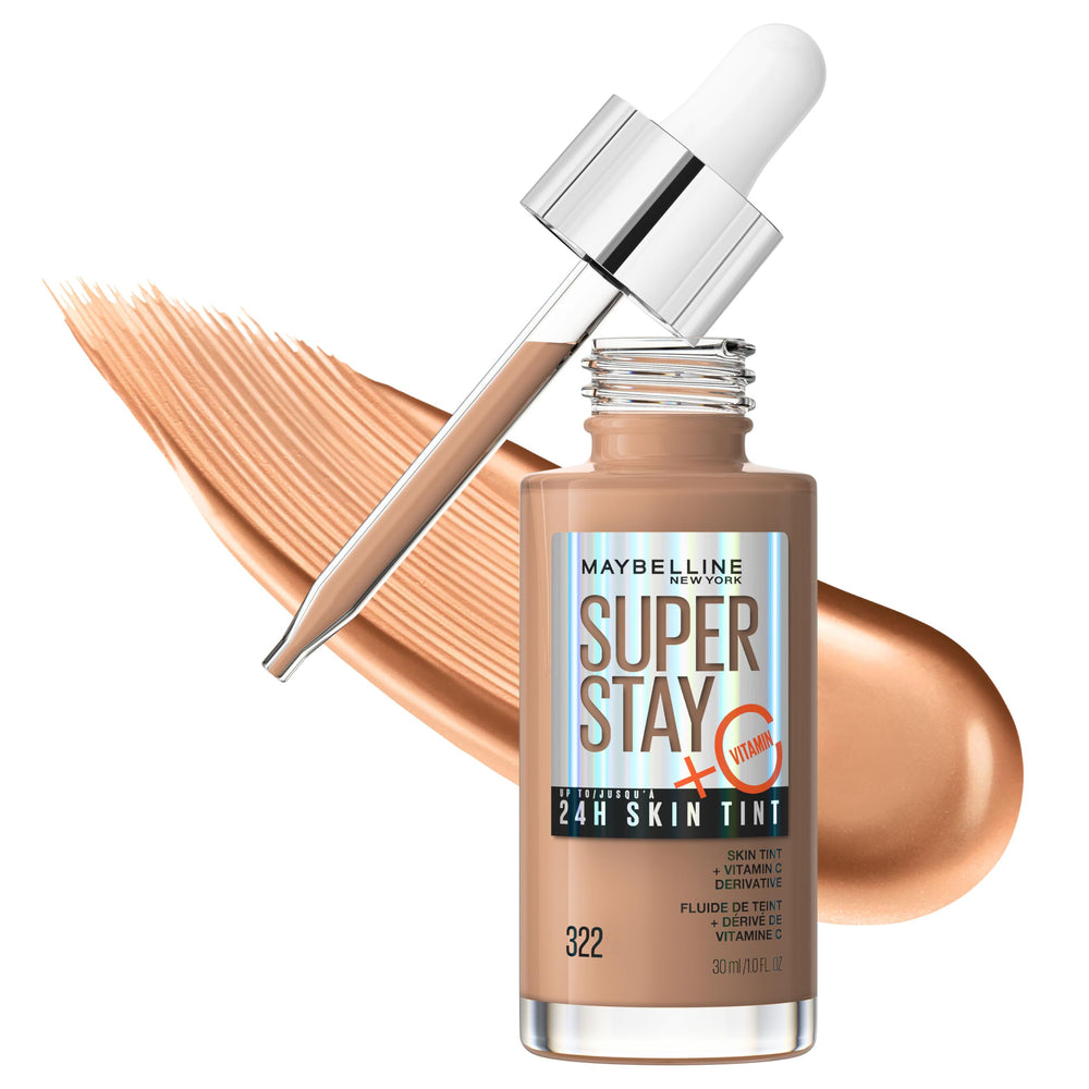Maybelline Super Stay Skin Tint bottle displaying long-wear finish and Vitamin C benefits