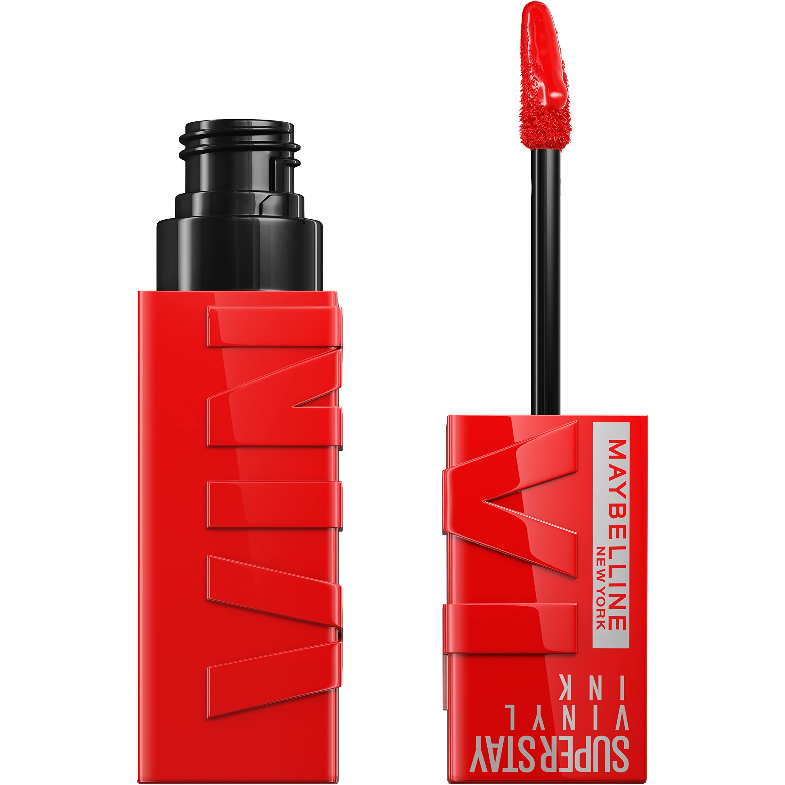 Maybelline Super Stay Vinyl Ink bottle with glossy red finish for longwear color.
