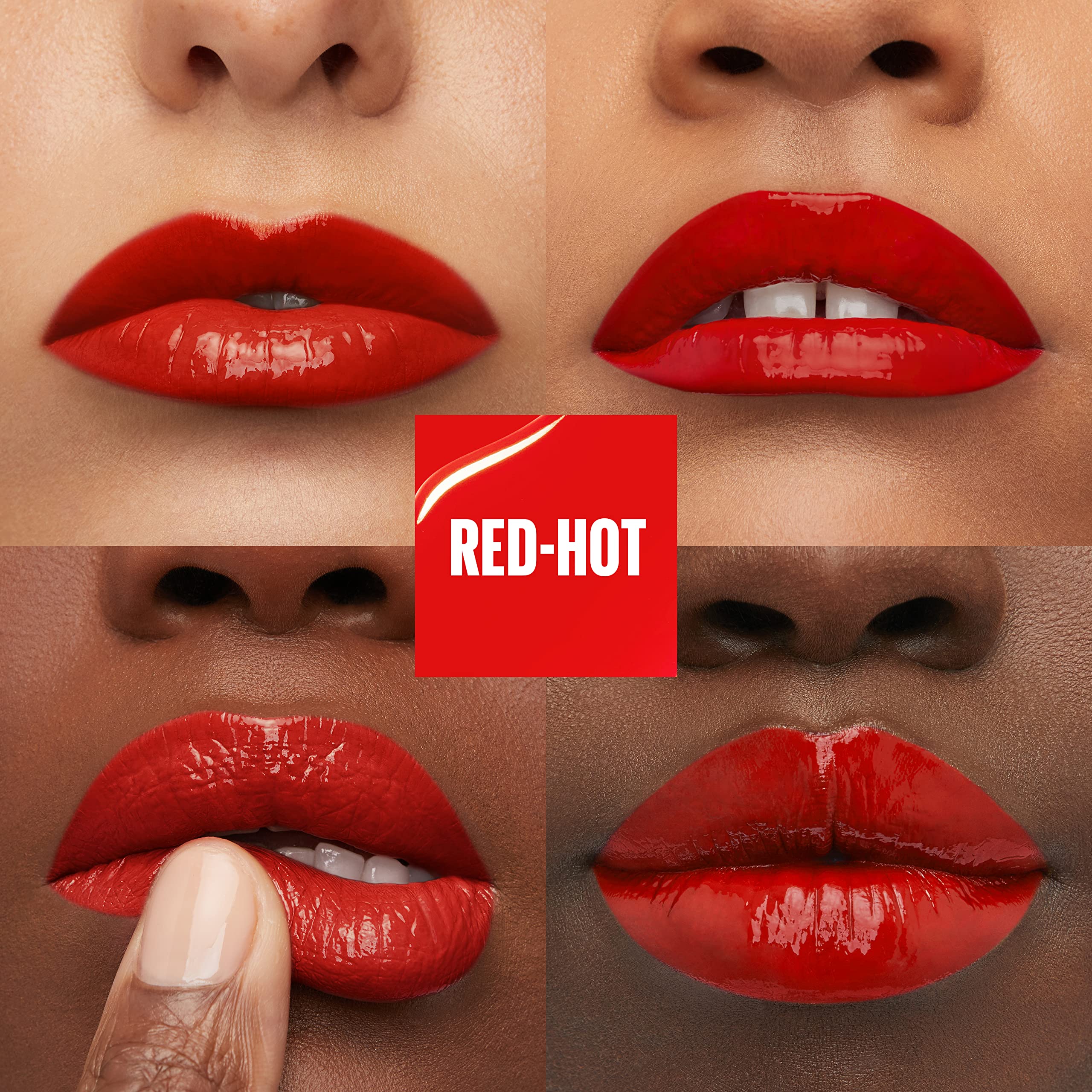 Maybelline Super Stay Vinyl Ink fire engine red swatch shows high-impact color.