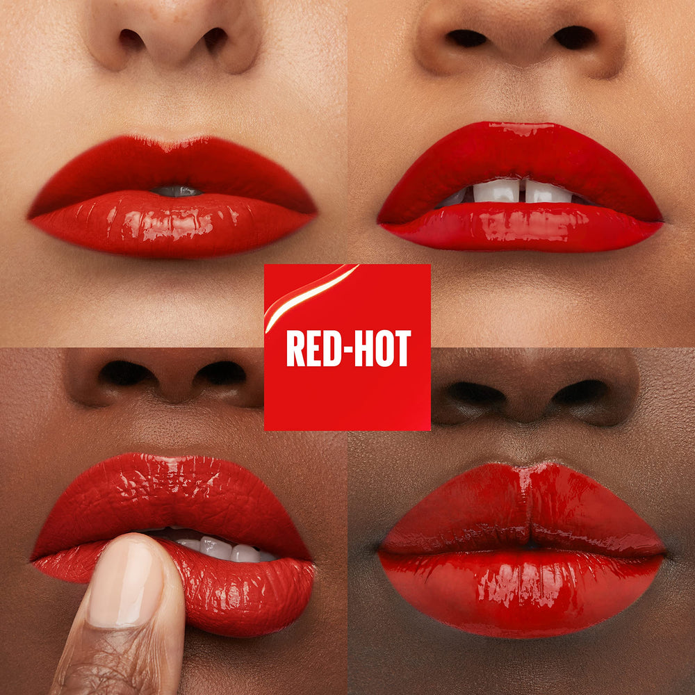 Maybelline Super Stay Vinyl Ink fire engine red swatch shows high-impact color.