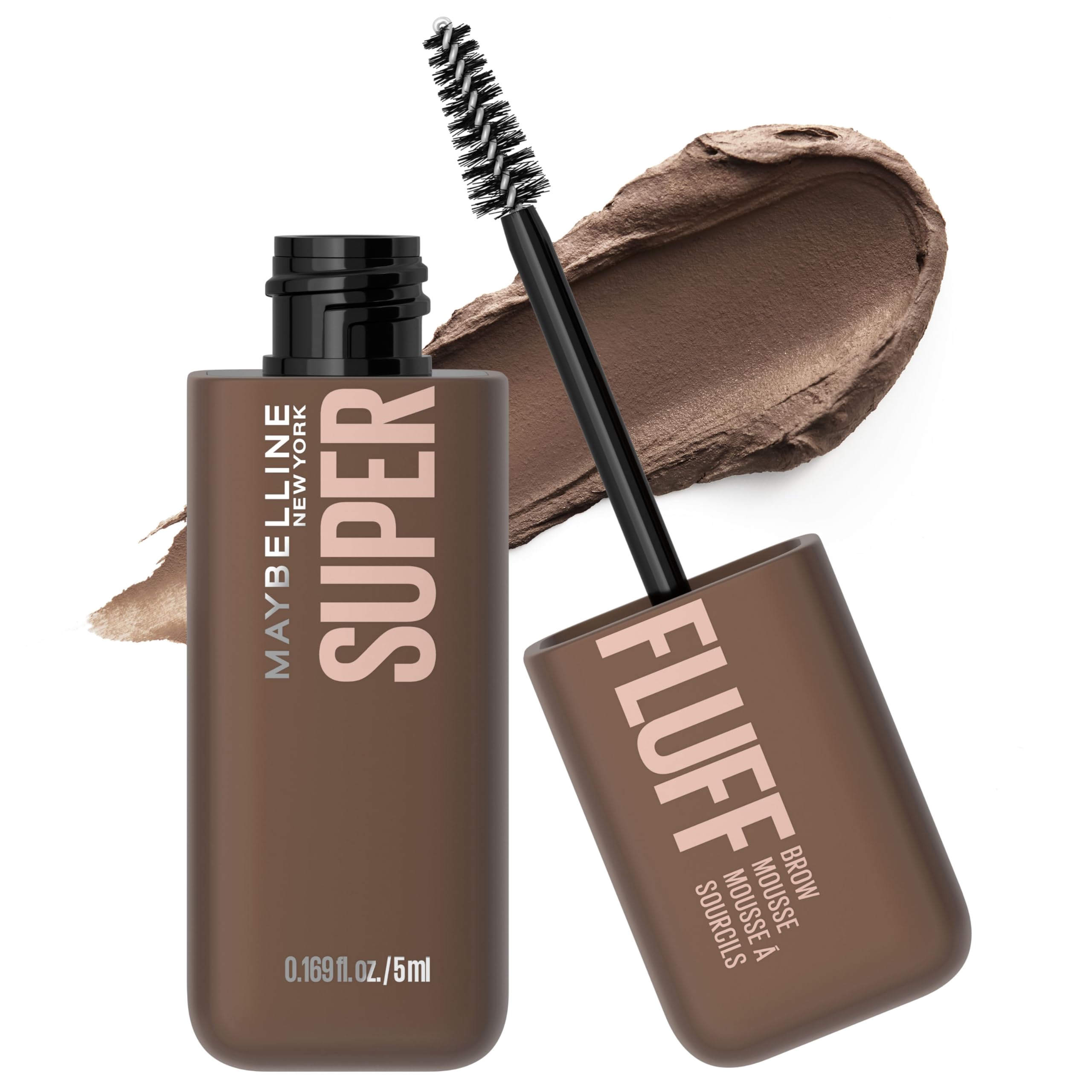 Maybelline Superfluff Brow Mousse product shot showing soft fuller brows.