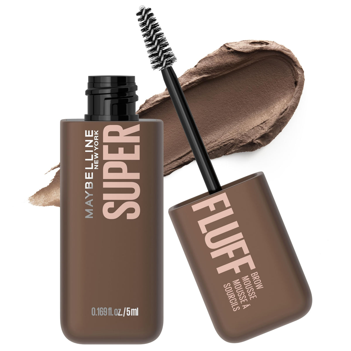 Maybelline Superfluff Brow Mousse product shot showing soft fuller brows.