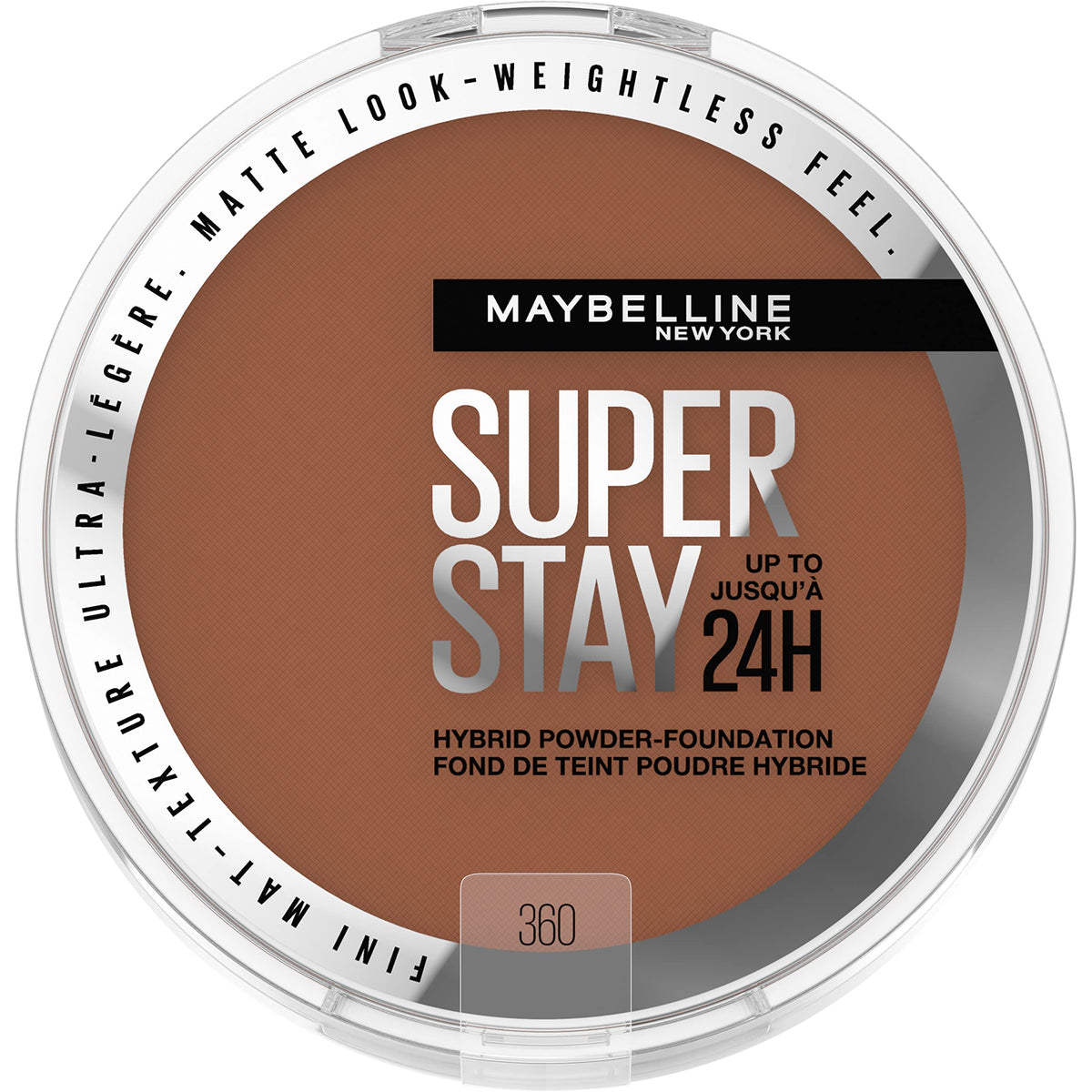 Maybelline Super Stay Hybrid Powder compact shows 360 shade for all-day coverage.
