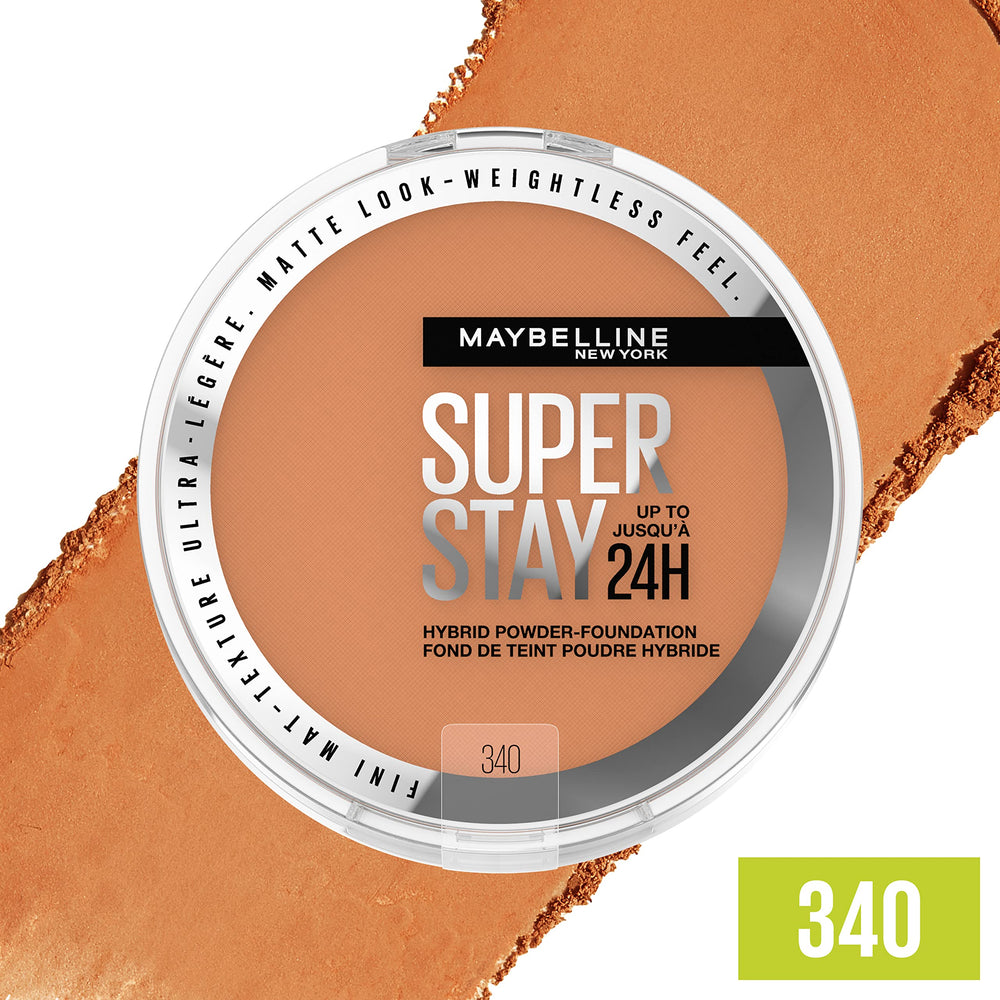 Applying Maybelline Super Stay Hybrid Powder Foundation for even coverage across the face.