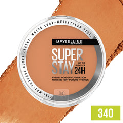 Applying Maybelline Super Stay Hybrid Powder Foundation for even coverage across the face.
