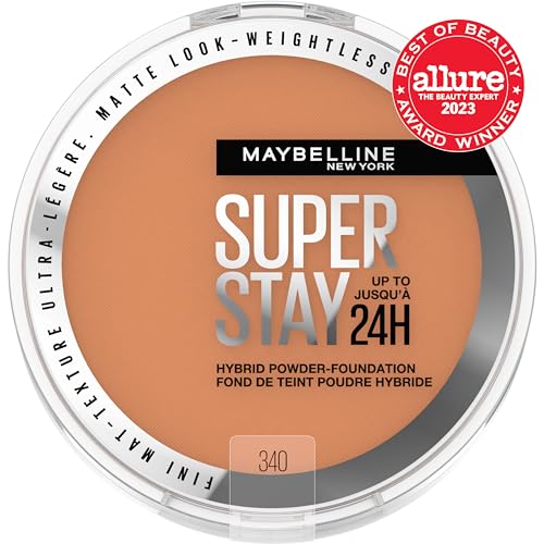 Maybelline Super Stay Hybrid Powder Foundation shade swatches show medium-to-full options.