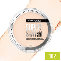 Maybelline Super Stay Hybrid Powder Foundation shade 102 swatch demonstrates medium-to-full matte coverage