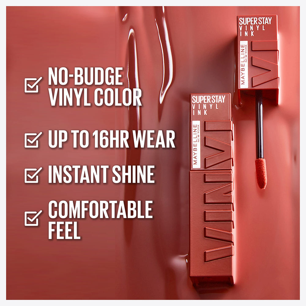 Maybelline Super Stay Vinyl Ink instant shine with 16-hour wear on lips.