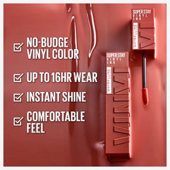 Maybelline Super Stay Vinyl Ink instant shine with 16-hour wear on lips.