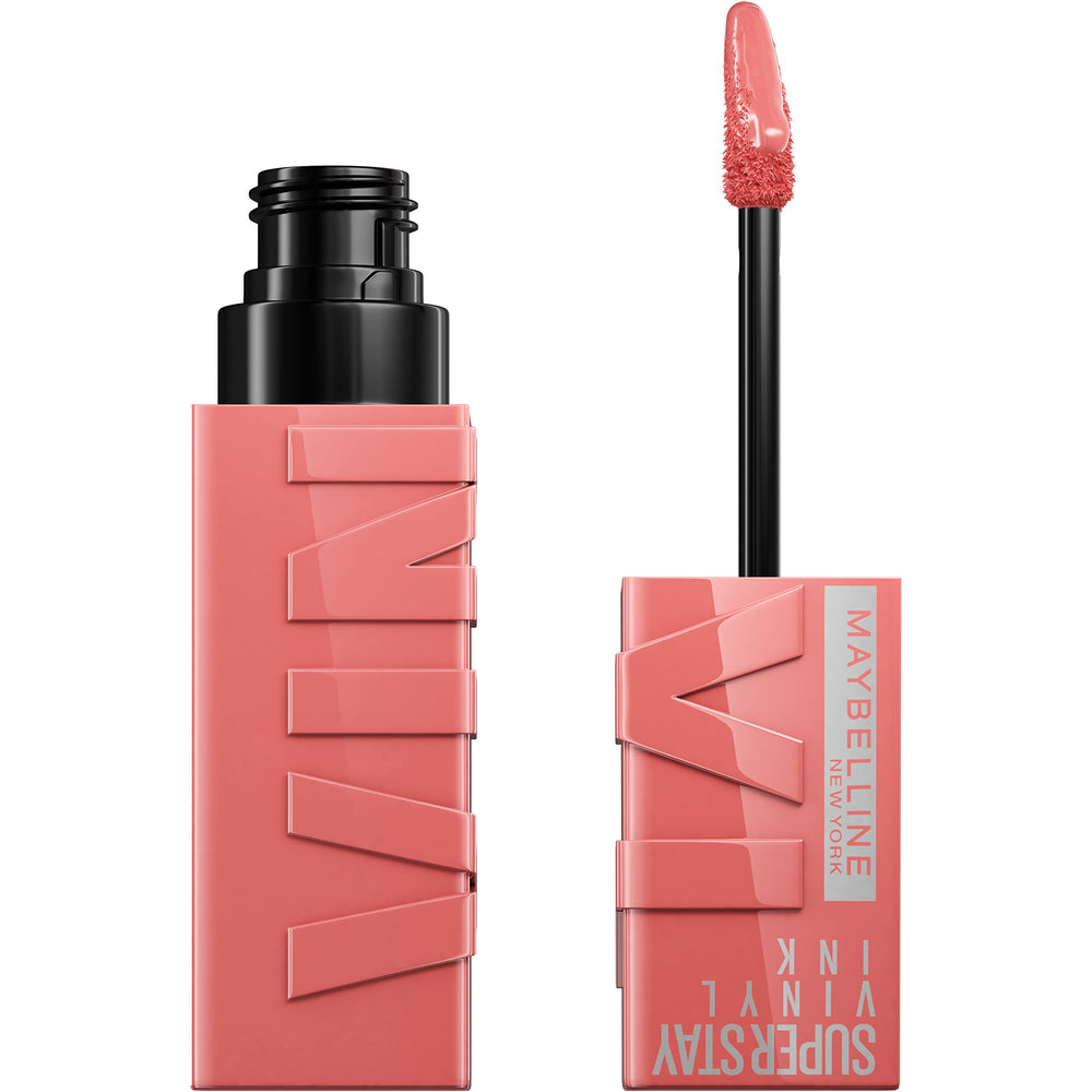 Maybelline Super Stay Vinyl Ink lipcolor swatch shows Charmed Pink gloss and long wear.