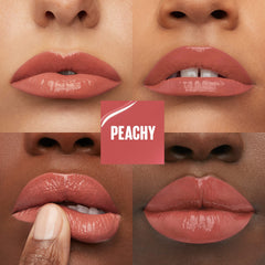 Maybelline Super Stay Vinyl Ink lipcolor on lips with glossy finish and high-pigment color.