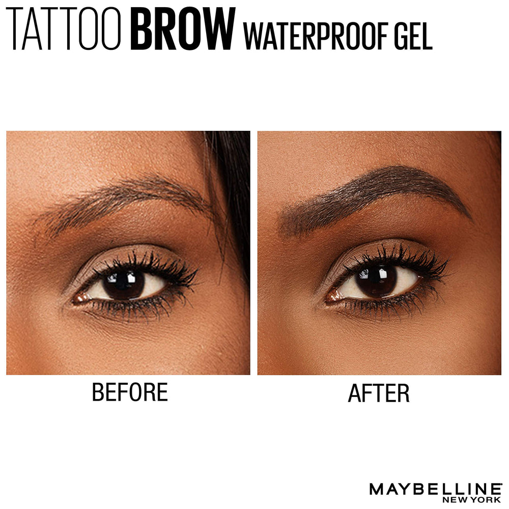 Maybelline TattooStudio brow definition before-after highlights fuller-looking arches.