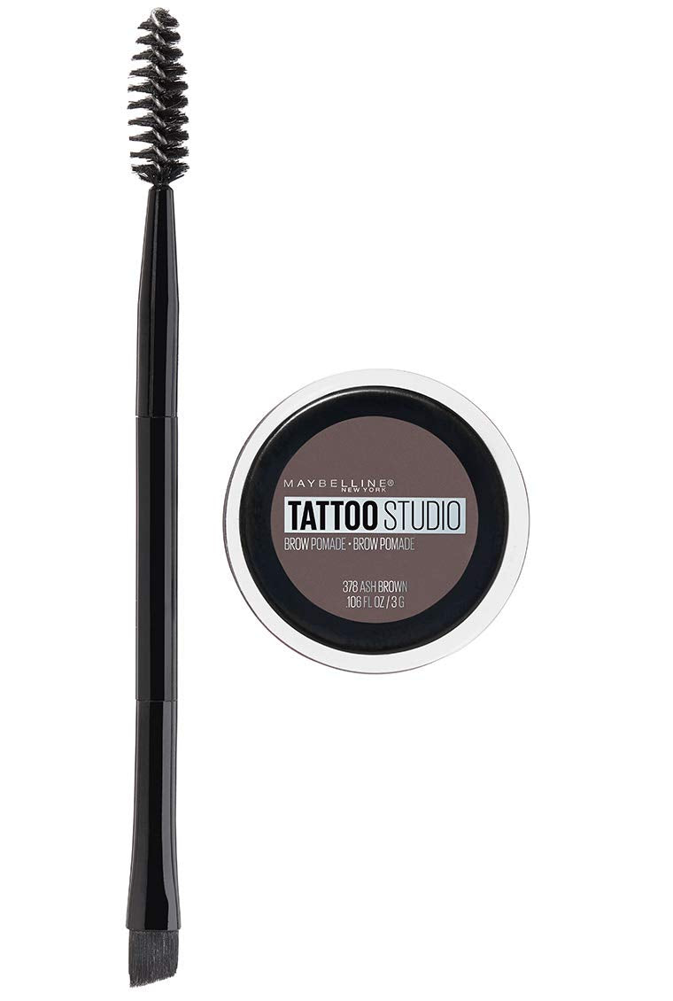 Maybelline TattooStudio Brow Pomade ash brown angle brush for precise brow shaping.