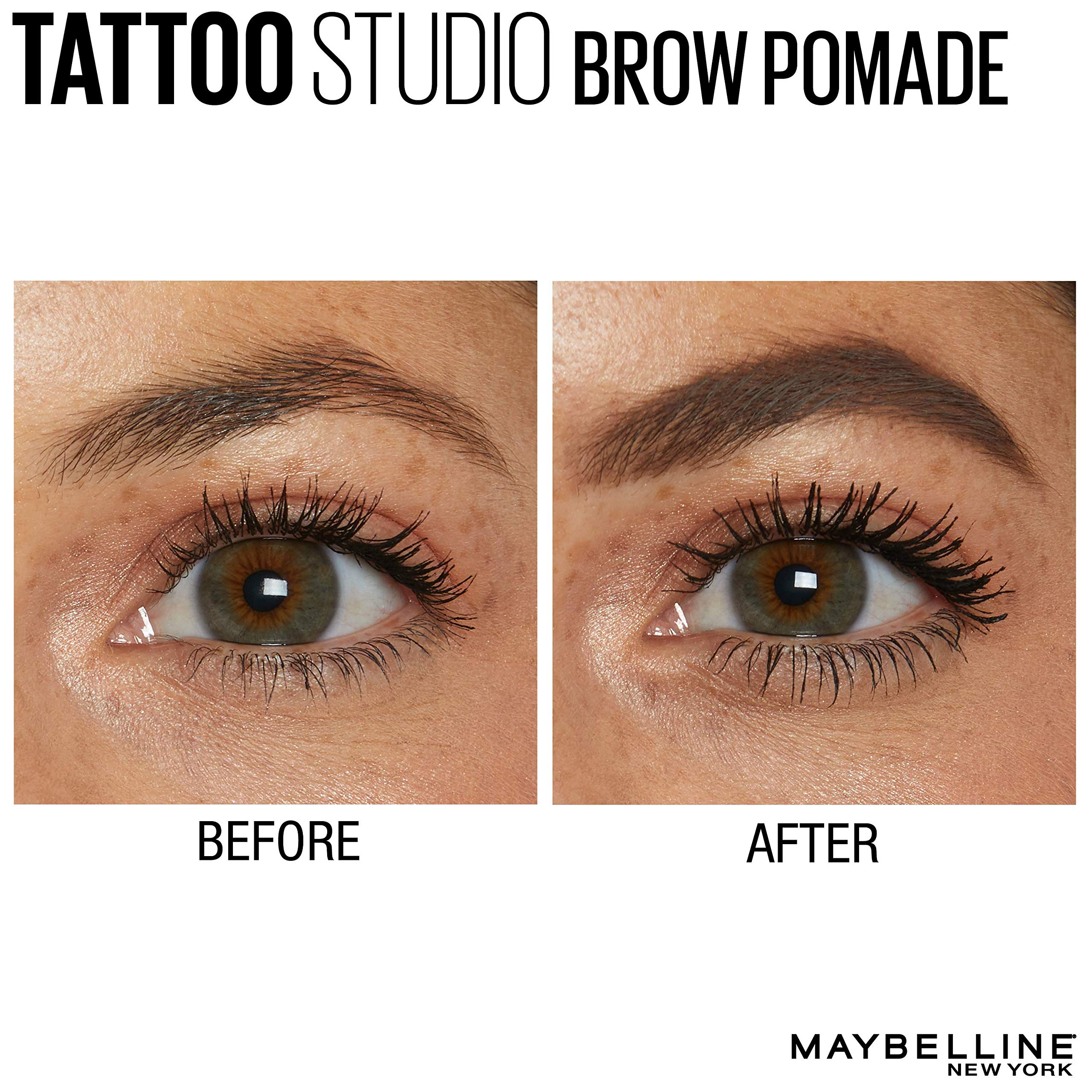 Maybelline TattooStudio Brow Pomade ash brown dual-ended applicator enables precision and blending.