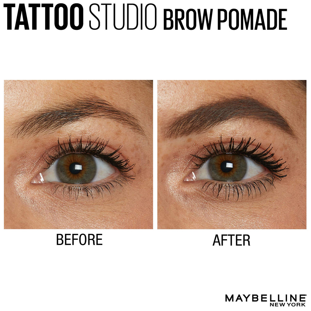 Maybelline TattooStudio Brow Pomade ash brown dual-ended applicator enables precision and blending.