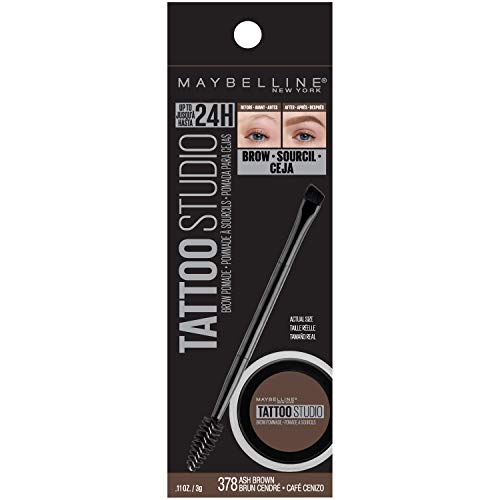 Maybelline TattooStudio Brow Pomade ash brown spoolie for natural shading and blending.
