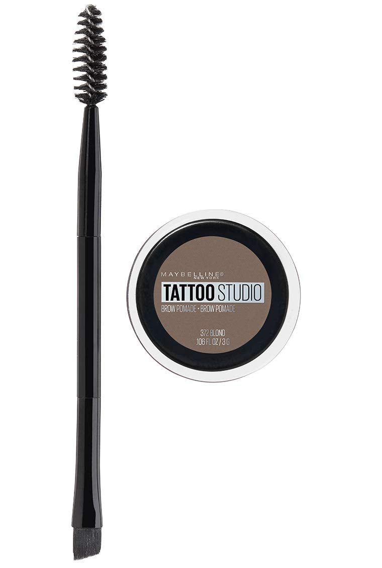 Maybelline TattooStudio Brow Pomade Blonde compact close-up shows precise brow color for natural arches and long-lasting wear.