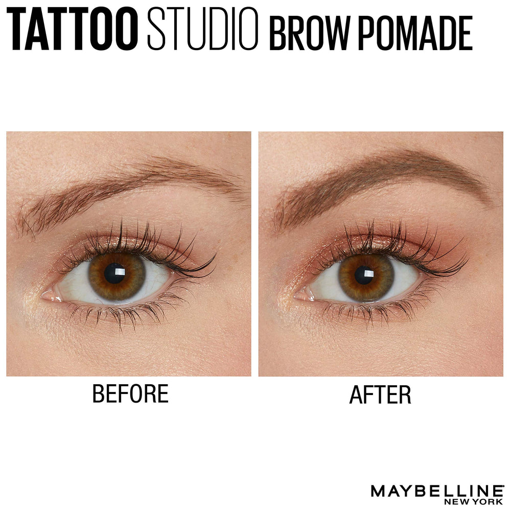 Maybelline TattooStudio Brow Pomade Blonde swatches demonstrate shade match for cool and warm brows.