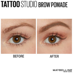 Maybelline TattooStudio Brow Pomade Blonde swatches demonstrate shade match for cool and warm brows.