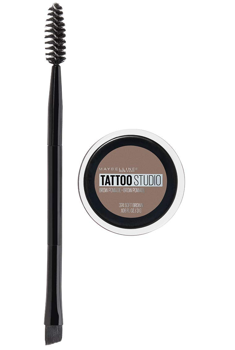Maybelline TattooStudio Brow Pomade soft brown open tube showing long-lasting color option.