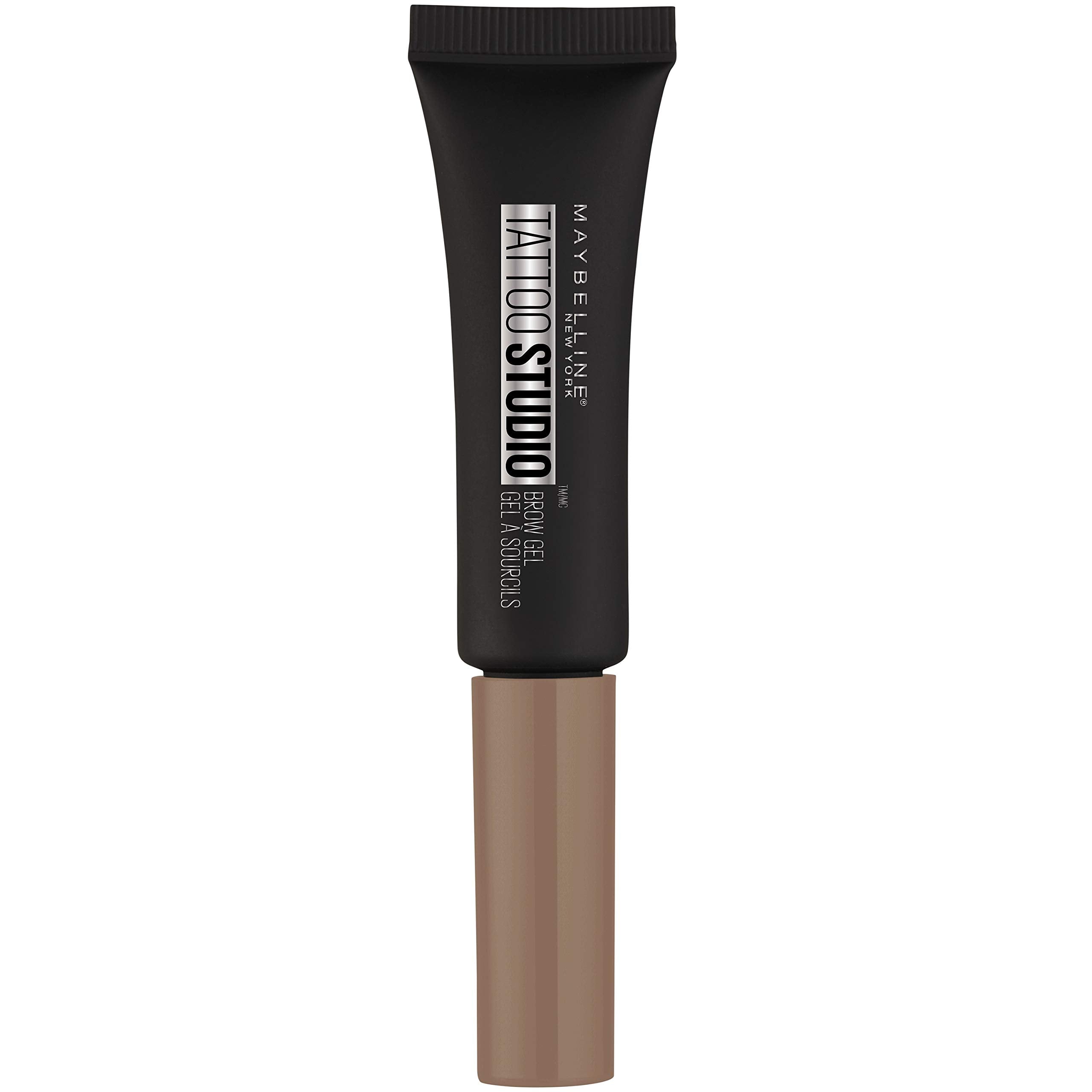 Maybelline TattooStudio eyebrow gel bottle shows long-lasting color for defined brows.
