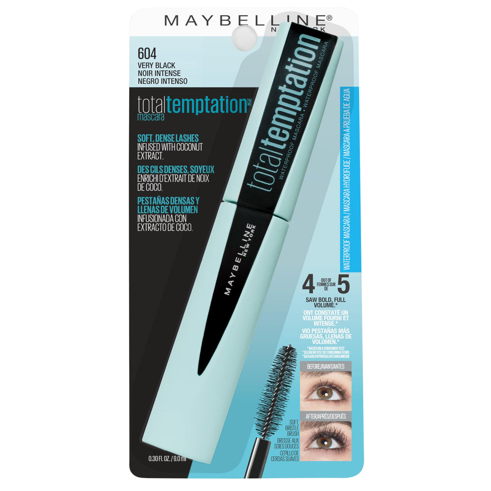 Maybelline Total Temptation mascara packaging travel-friendly design.