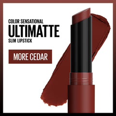 Maybelline Ultimatte deep rust brown close-up with smooth glide and non-drying matte finish.