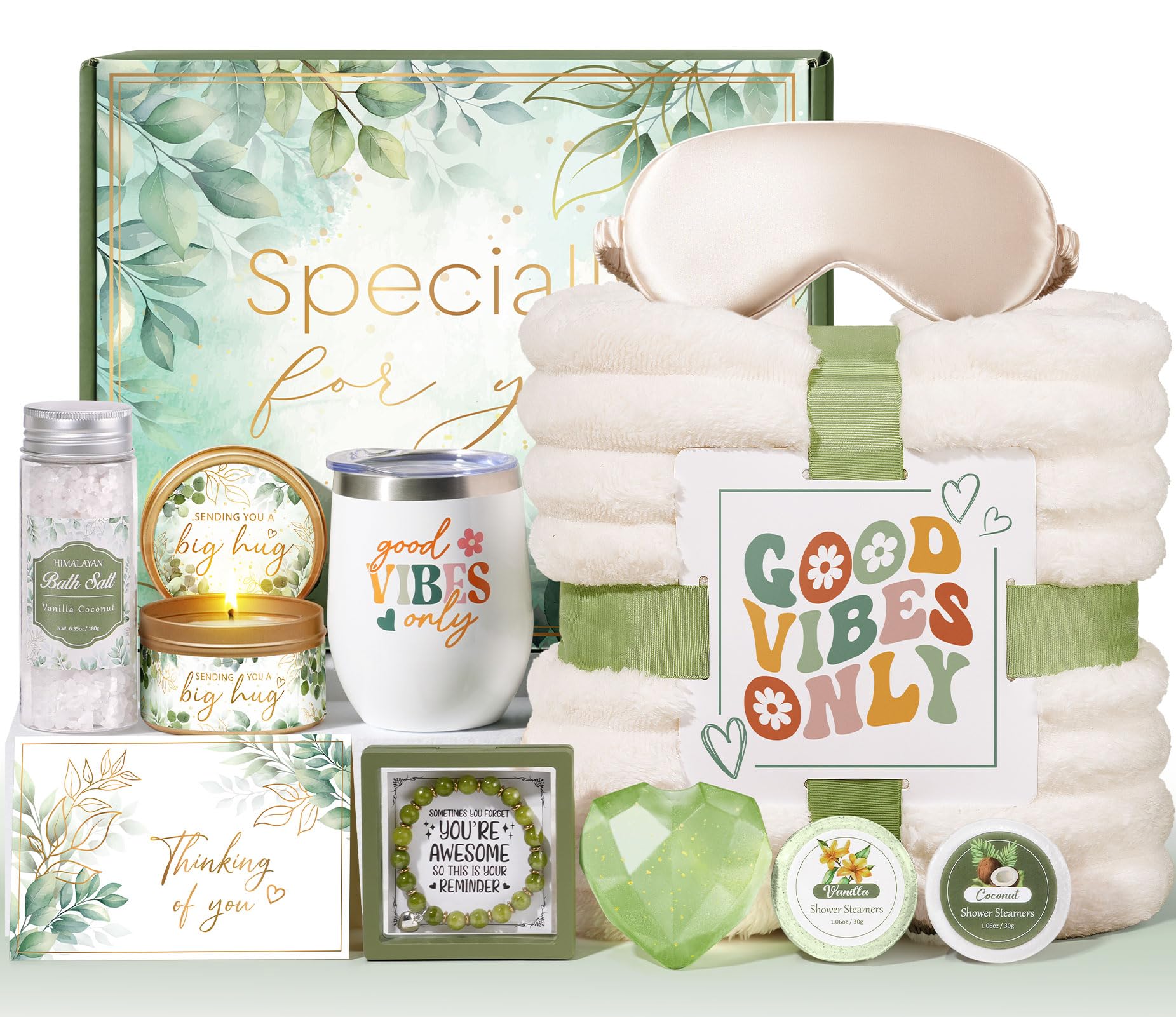 MAYICIVO relaxing spa gift basket highlights a plush throw blanket for cozy relaxation.