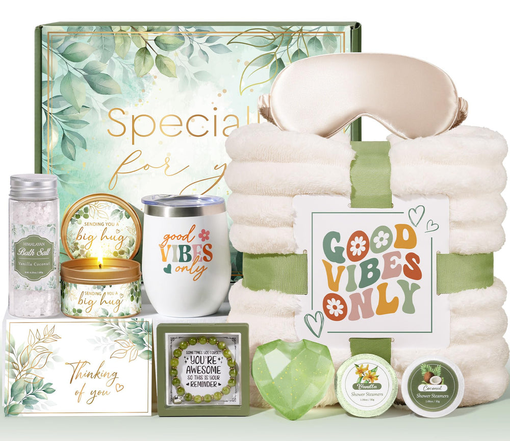 MAYICIVO relaxing spa gift basket highlights a plush throw blanket for cozy relaxation.