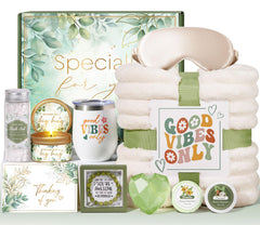 MAYICIVO relaxing spa gift basket highlights a plush throw blanket for cozy relaxation.