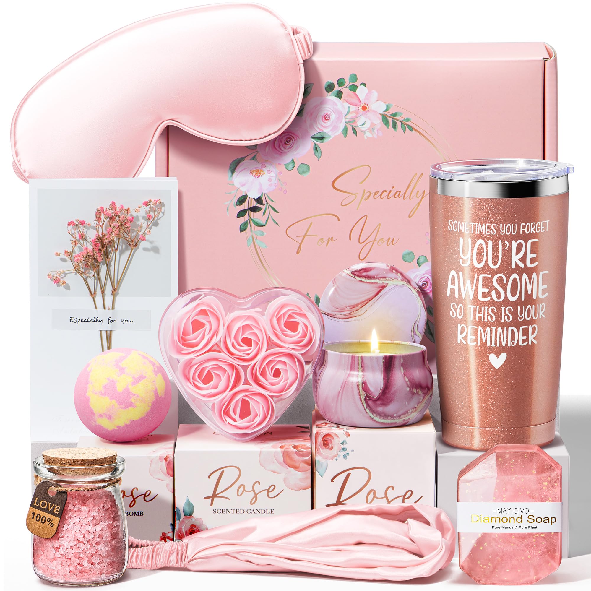 MAYICIVO rose spa gift basket featuring a rose candle for a luxurious bath ritual