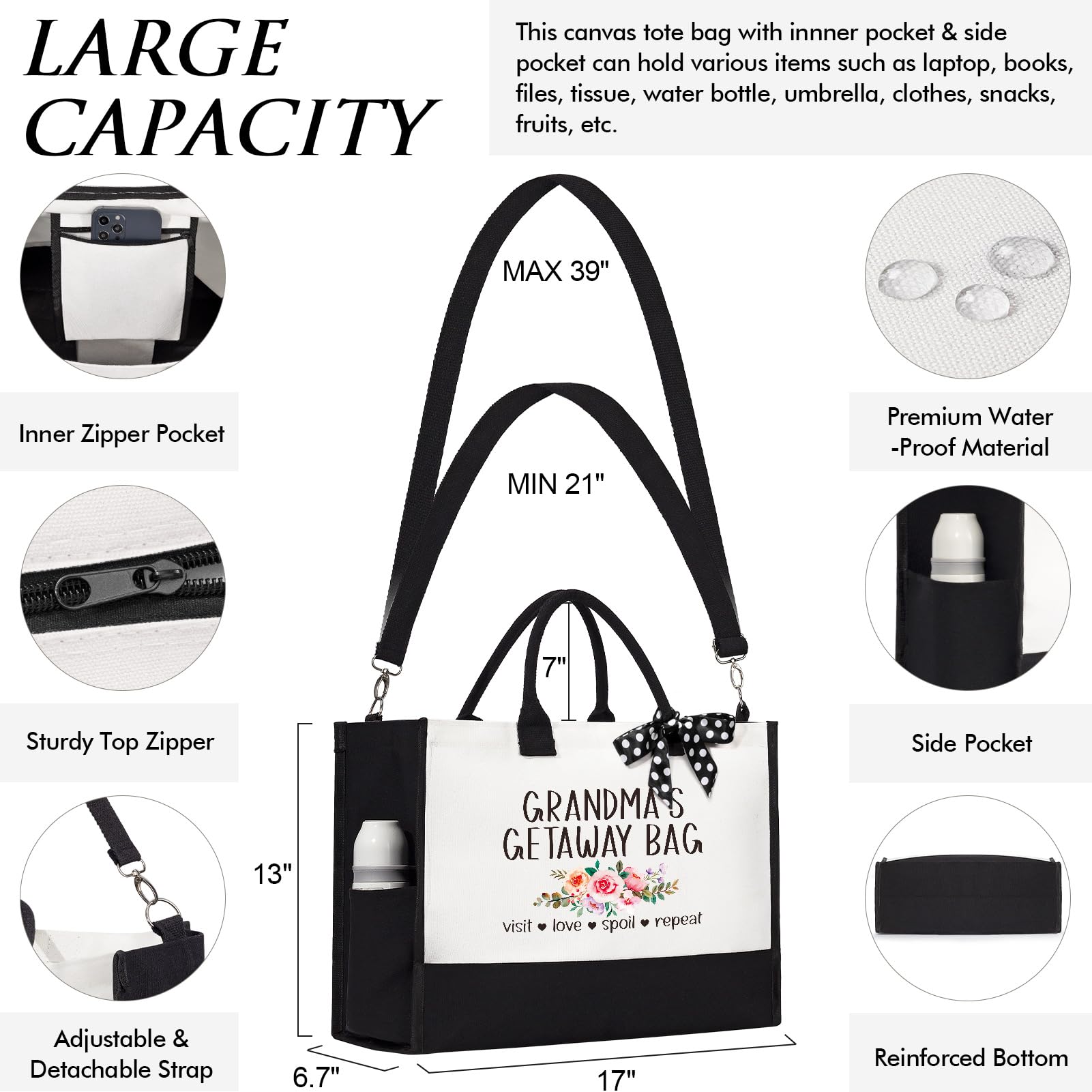 MAYICIVO tote bag side pocket for water bottle keeps hydration handy on trips.
