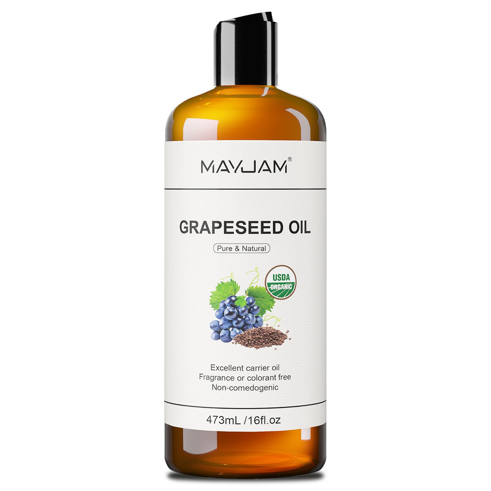 MAYJAM grapeseed oil bottle front label, organic pure carrier oil for skin and hair