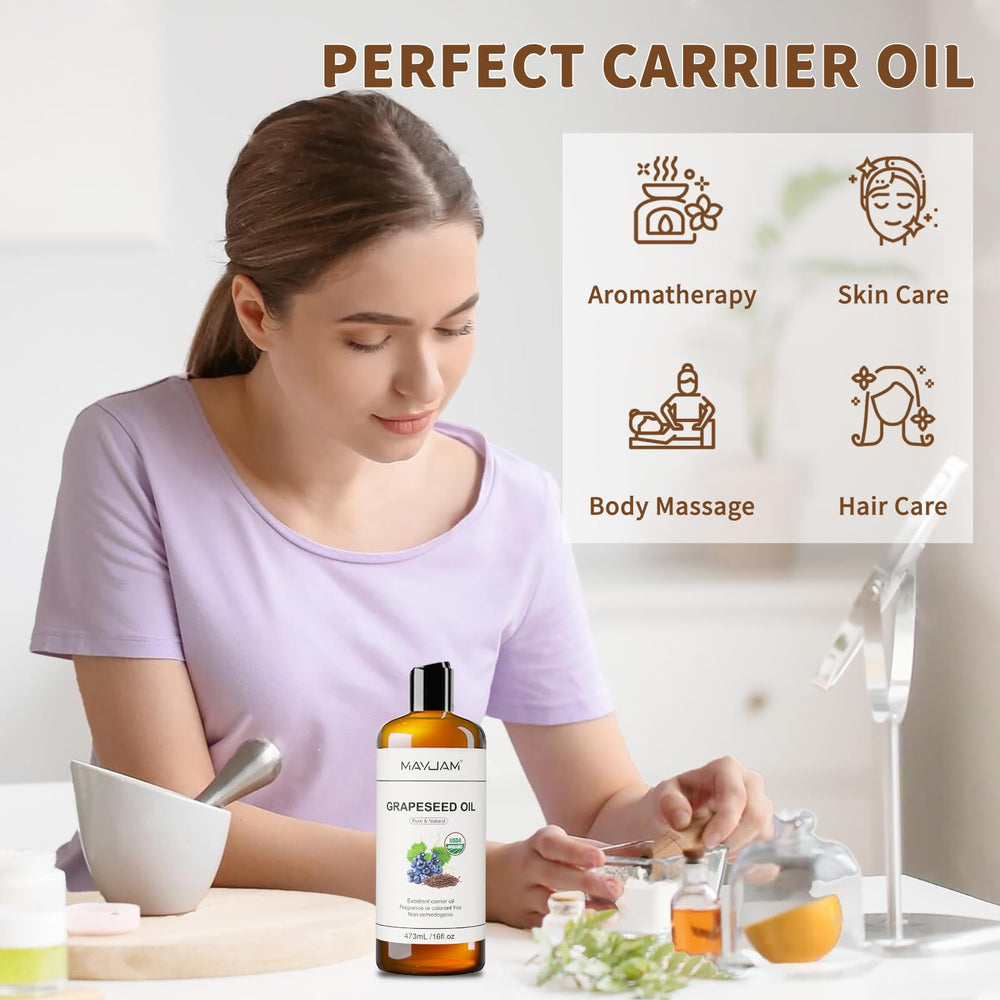 MAYJAM grapeseed oil bottle with organic certification label