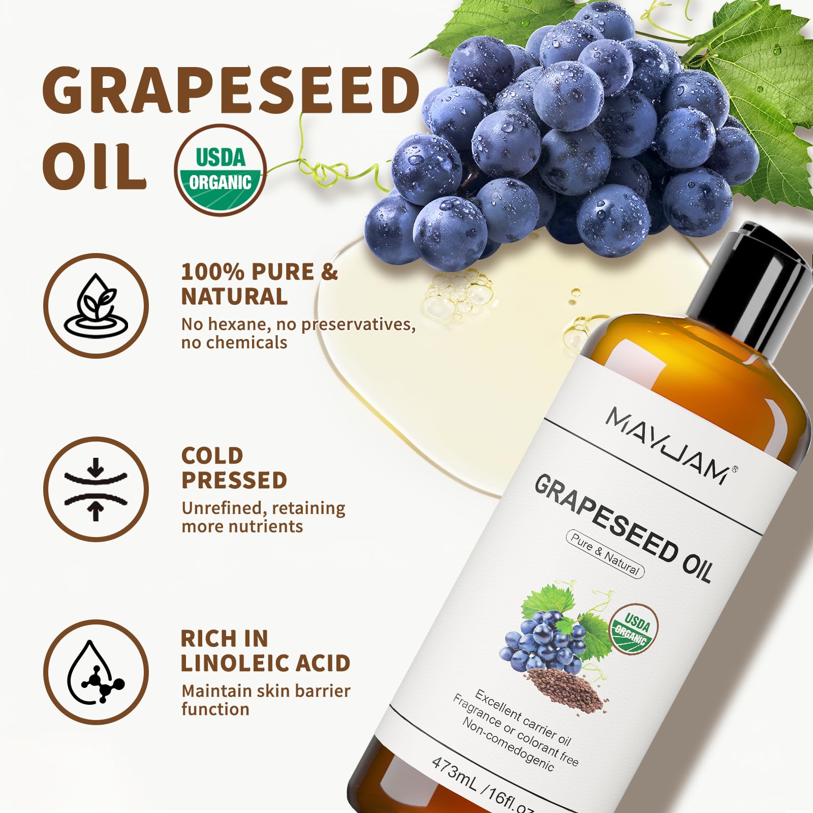 MAYJAM grapeseed oil pour spout close up, hexane free and cold pressed benefits