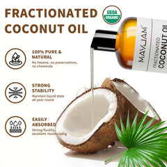 MAYJAM coconut oil glass bottle closeup highlights pure, hexane-free carrier ideal for dilution