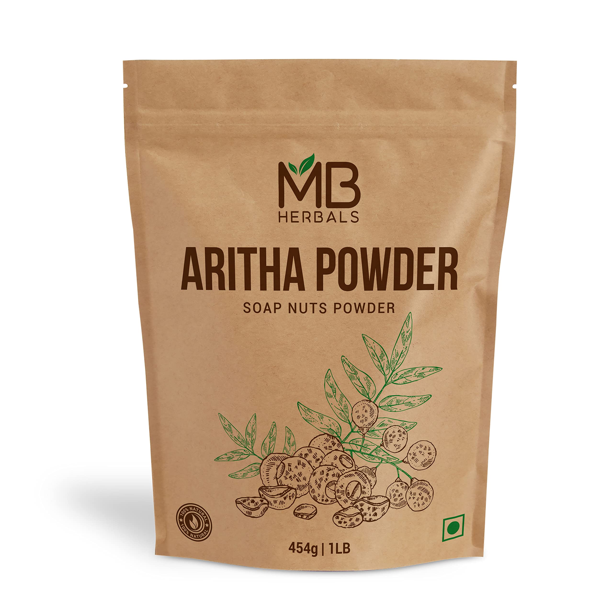 MB Herbals Aritha powder packaging shows a pure natural cleanser for daily hair care.